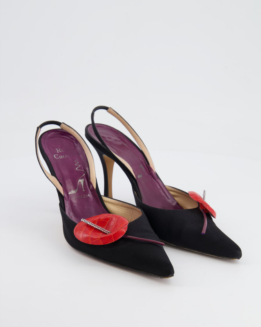 Rene Caovilla Black Slingback Heels with Red and Crystal Floral Detail Size EU 38.5