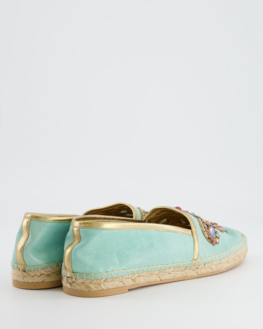 Rene Caovilla Turquoise Blue Metallic Espadrilles with Crystal Embellishments Size EU 39