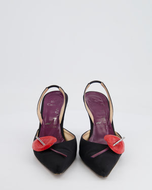 Rene Caovilla Black Slingback Heels with Red and Crystal Floral Detail Size EU 38.5