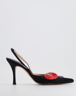 Rene Caovilla Black Slingback Heels with Red and Crystal Floral Detail Size EU 38.5