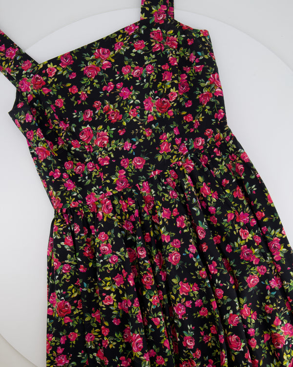 Dolce 
Gabbana Black Cotton Rose Printed Midi Sleeveless Dress Size IT 42 (UK 10)