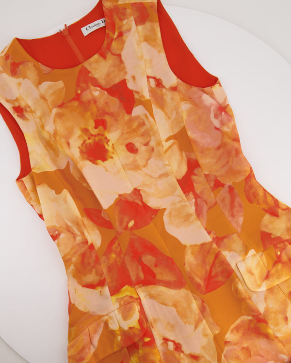 Christian Dior Orange Silk Floral Aquarelle Sleeveless Dress Size FR 40 (UK 12)