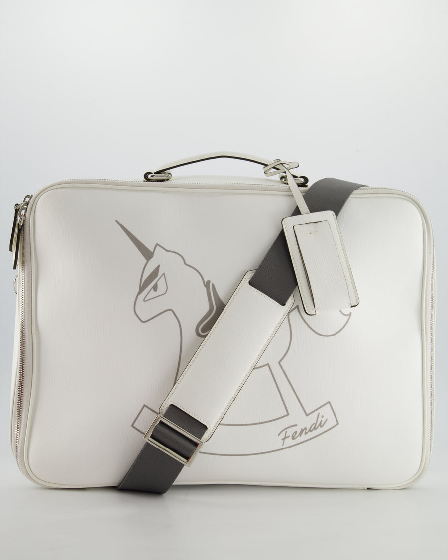 Fendi White Children
s Baby Changing Bag with Unicorn Print and Silver Hardware