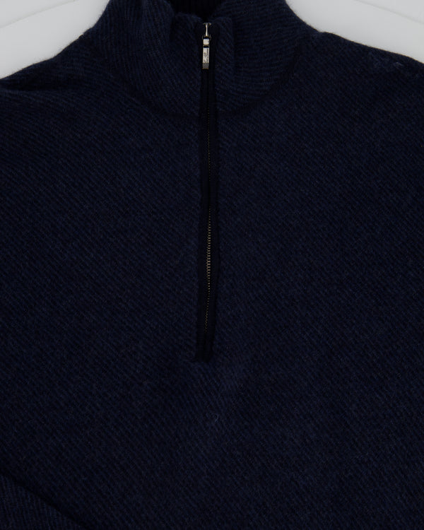 Loro Piana Menswear Navy Diagonal Striped Long Sleeve Jumper with Quarter Zip Detail IT 46 (UK 36)