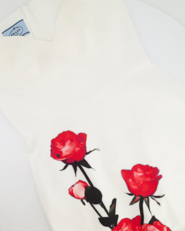 Prada White Midi Sleeveless Cut Out Off Shoulder Dress with Red Flower Detail Size IT 44 (UK 12)