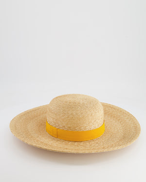 Hermès Beige Raffia Woven Hat with Yellow Bandeaux Size 57