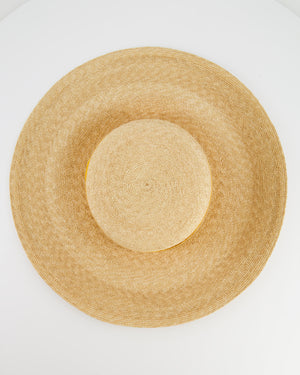 Hermès Beige Raffia Woven Hat with Yellow Bandeaux Size 57