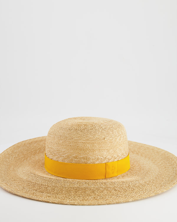 Hermès Beige Raffia Woven Hat with Yellow Bandeaux Size 57