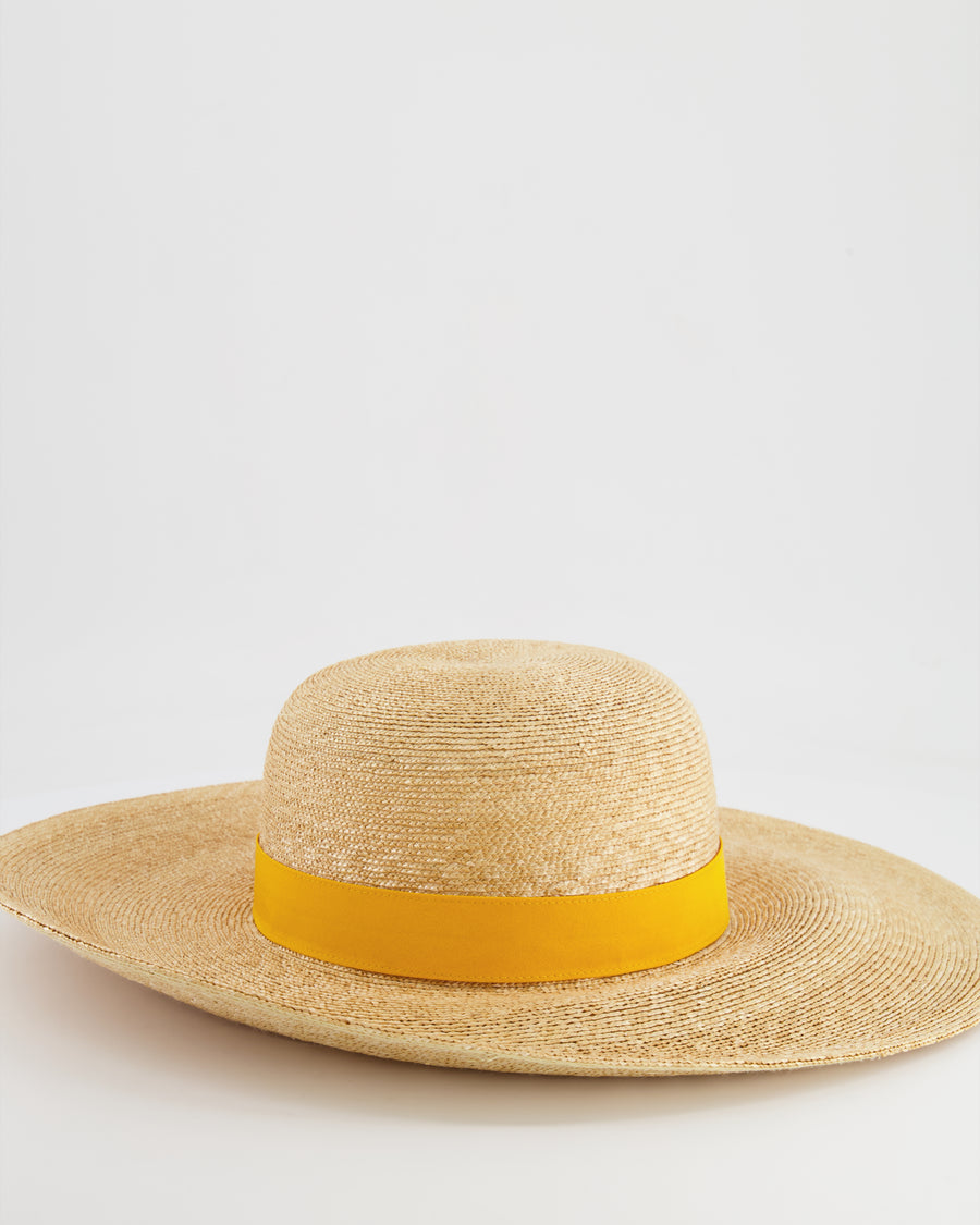 Hermès Beige Raffia Woven Hat with Yellow Bandeaux Size 57