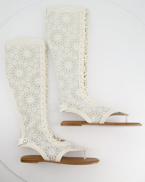 Christian Dior Cream Lace Crochet Knee-High Sandals Size EU 38.5