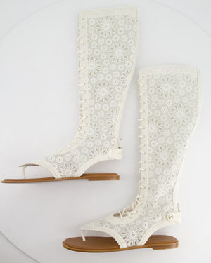 Christian Dior Cream Lace Crochet Knee-High Sandals Size EU 38.5