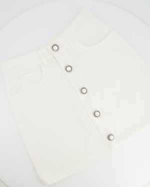 Alessandra Rich White Denim Mini Skirt with Pearl Button Details Size IT 40 (UK 8)