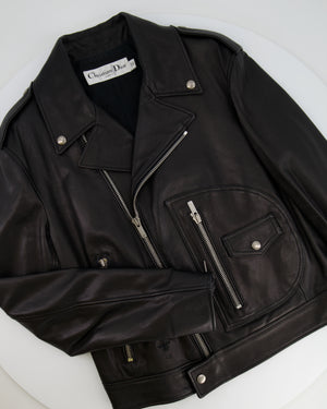 Christian Dior Black Leather Biker Jacket with Silver Zip Detail and Stitch Logo FR 40 (UK 12)