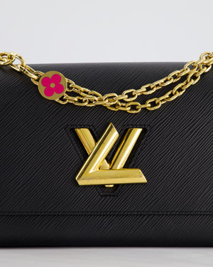 Louis Vuitton Black Epi Leather Twist MM Bag with Gold Chain Hardware and Pink Flower Detail