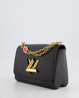 Louis Vuitton Black Epi Leather Twist MM Bag with Gold Chain Hardware and Pink Flower Detail