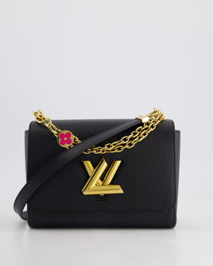 Louis Vuitton Black Epi Leather Twist MM Bag with Gold Chain Hardware and Pink Flower Detail