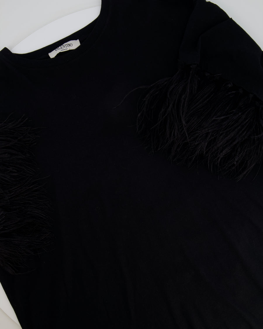 Valentino Black Oversized T-Shirt with Feathers Sleeve Details Size IT 42 (UK 10)