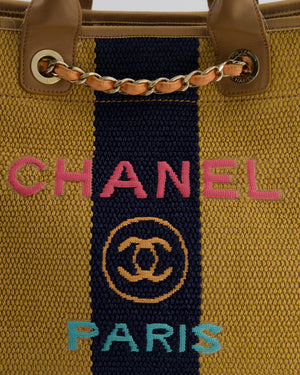 *HOT* Chanel Beige, Navy and Khaki Raffia Deauville Tote with Pastel Logo and Champagne Gold Hardware