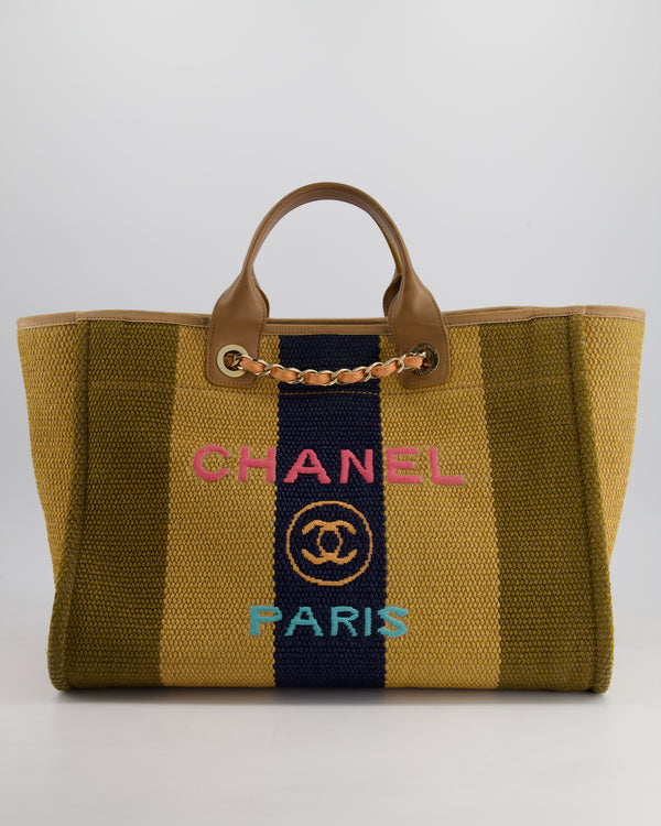 *HOT* Chanel Beige, Navy and Khaki Raffia Deauville Tote with Pastel Logo and Champagne Gold Hardware