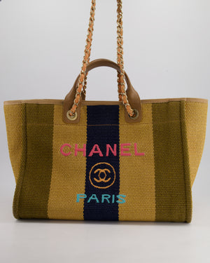 *HOT* Chanel Beige, Navy and Khaki Raffia Deauville Tote with Pastel Logo and Champagne Gold Hardware