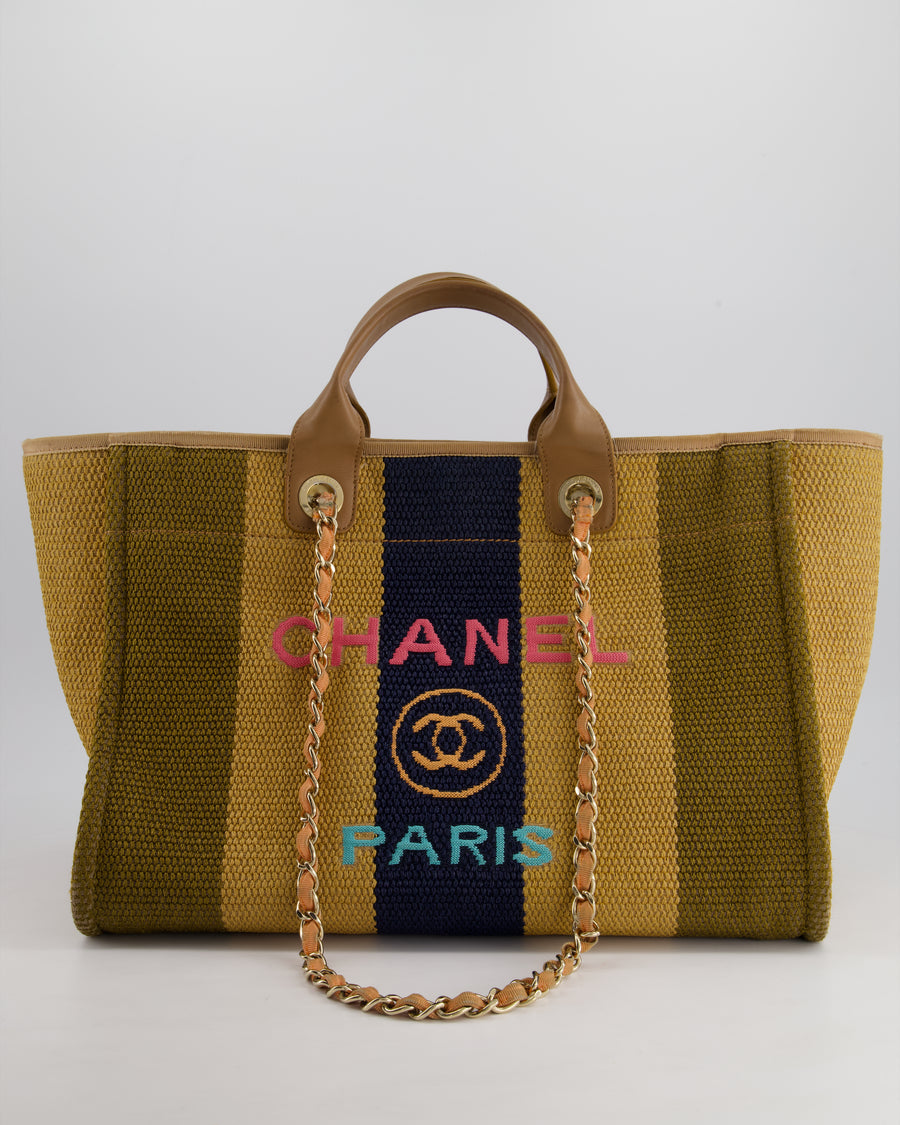 *HOT* Chanel Beige, Navy and Khaki Raffia Deauville Tote with Pastel Logo and Champagne Gold Hardware