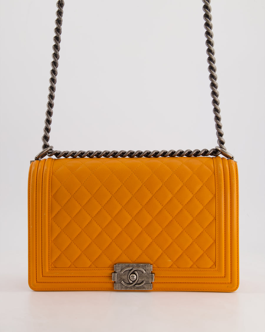 Chanel Orange Medium Boy Bag in Lambskin Leather with Ruthenium Hardware