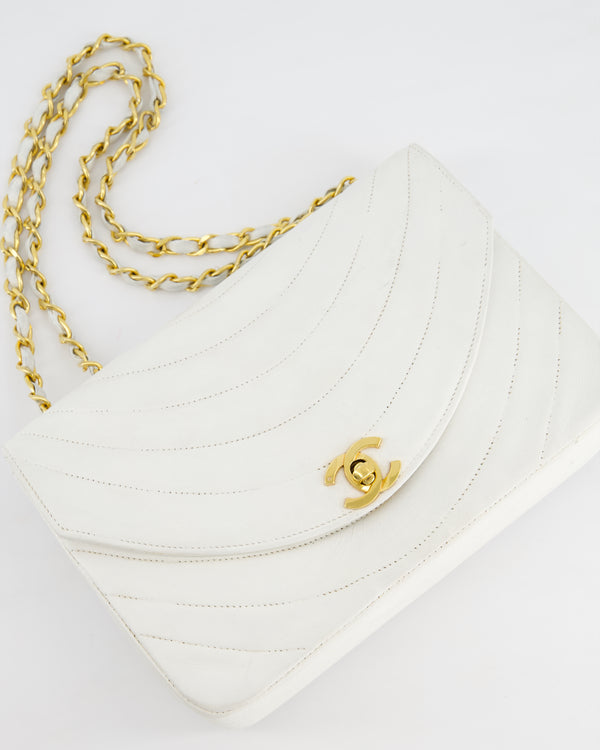 Chanel White Half Moon Curve Flap Vintage Quilted Bag With 24k Gold Hardware