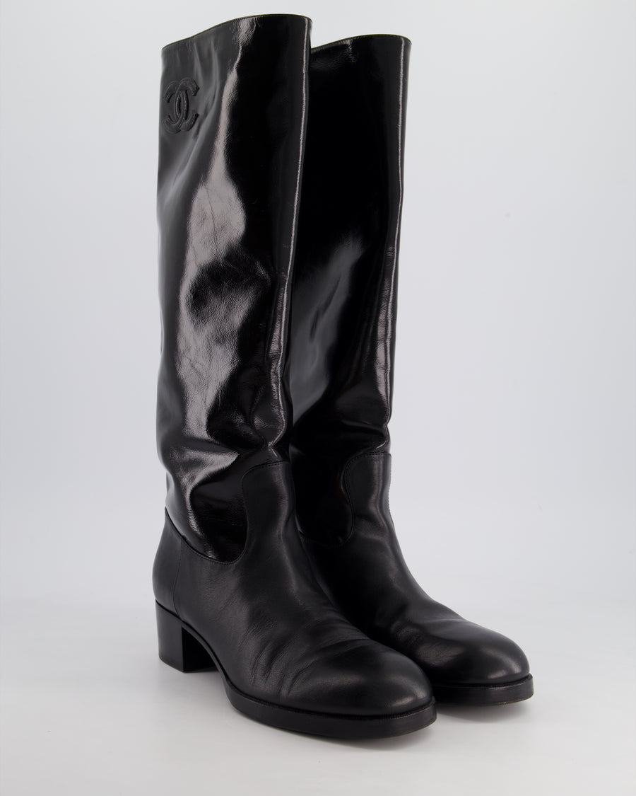 Chanel Black Patent Leather Knee High Boots with Embossed Logo Size EU 40