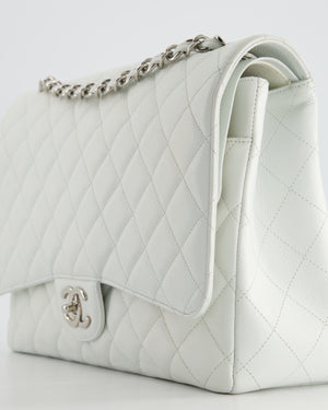 Chanel White Classic Maxi Double Flap Bag in Caviar Leather with Silver Hardware