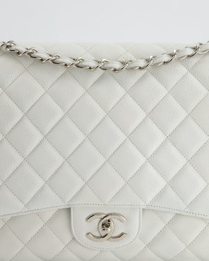 Chanel White Classic Maxi Double Flap Bag in Caviar Leather with Silver Hardware