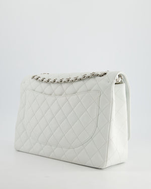 Chanel White Classic Maxi Double Flap Bag in Caviar Leather with Silver Hardware