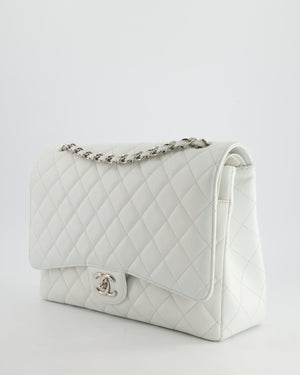 Chanel White Classic Maxi Double Flap Bag in Caviar Leather with Silver Hardware