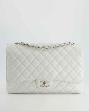 Chanel White Classic Maxi Double Flap Bag in Caviar Leather with Silver Hardware