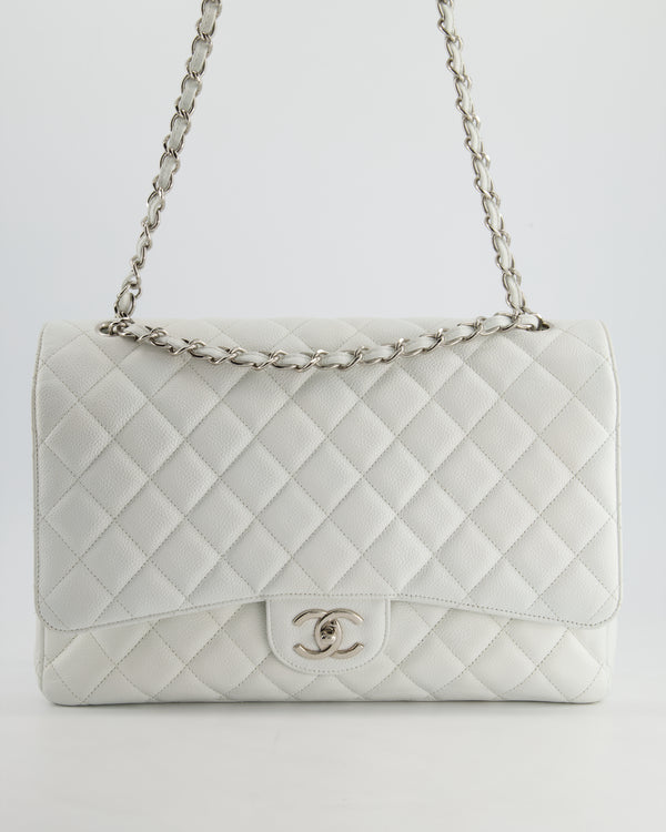 Chanel White Classic Maxi Double Flap Bag in Caviar Leather with Silver Hardware