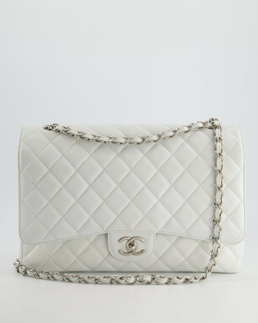 Chanel White Classic Maxi Double Flap Bag in Caviar Leather with Silver Hardware