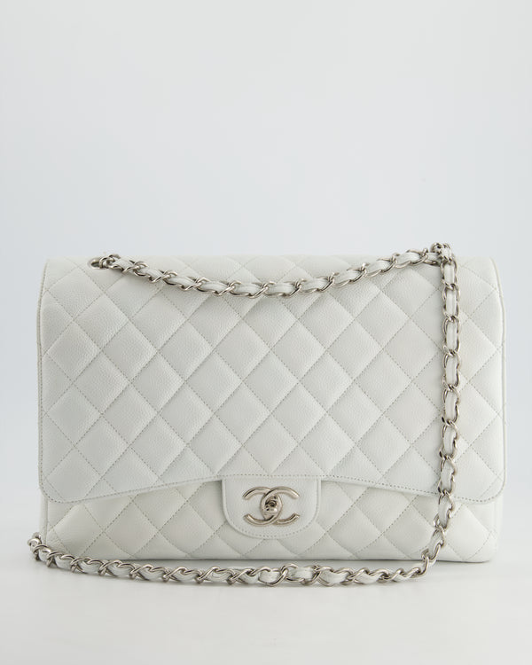 Chanel White Classic Maxi Double Flap Bag in Caviar Leather with Silver Hardware