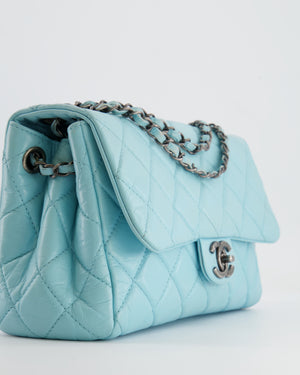 Chanel Baby Blue Single Flap Bag in Aged Calfskin Leather with Ruthenium Hardware