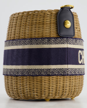 Christian Dior Dioriviera Bucket Bag in Natural Wicker and Blue Canvas With Gold Hardware