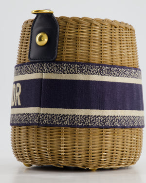 Christian Dior Dioriviera Bucket Bag in Natural Wicker and Blue Canvas With Gold Hardware