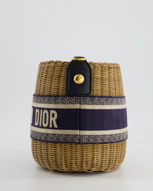 Christian Dior Dioriviera Bucket Bag in Natural Wicker and Blue Canvas With Gold Hardware