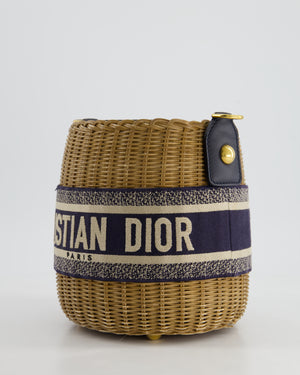 Christian Dior Dioriviera Bucket Bag in Natural Wicker and Blue Canvas With Gold Hardware