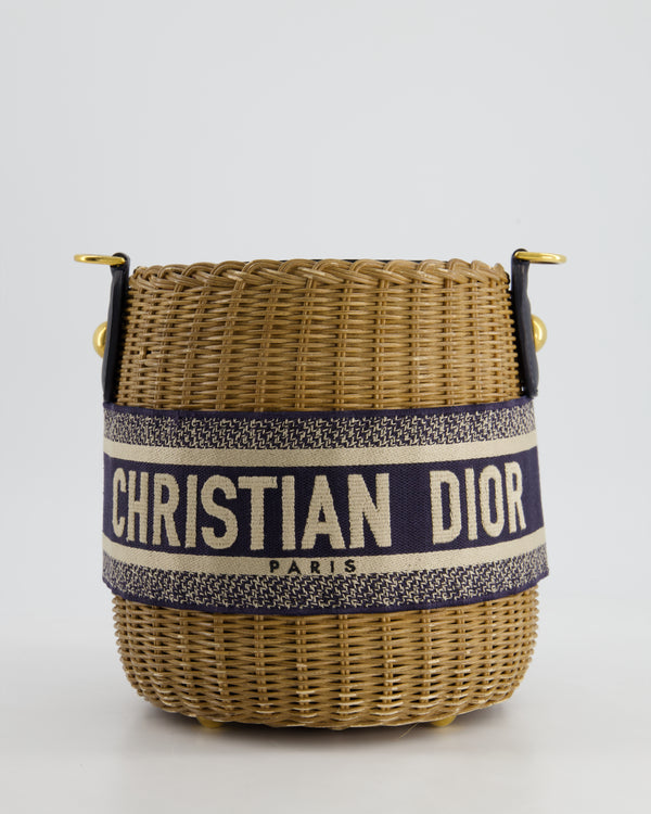 Christian Dior Dioriviera Bucket Bag in Natural Wicker and Blue Canvas With Gold Hardware