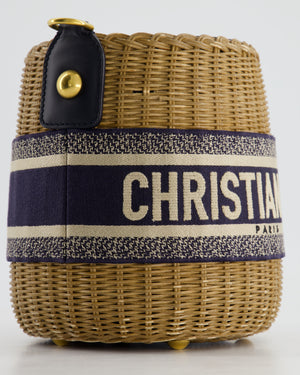 Christian Dior Dioriviera Bucket Bag in Natural Wicker and Blue Canvas With Gold Hardware