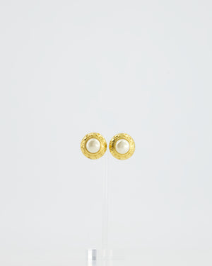 Chanel Vintage Gold Round Logo with Pearl Clip-On Earrings