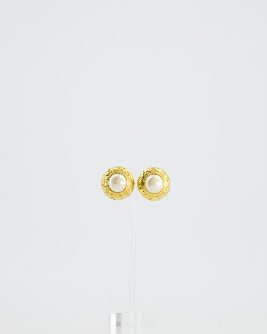 Chanel Vintage Gold Round Logo with Pearl Clip-On Earrings