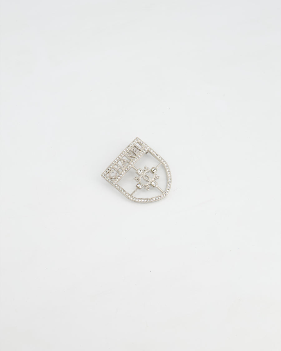 *HOT* Chanel Silver Crystal Large Brooch with CC and Logo Details