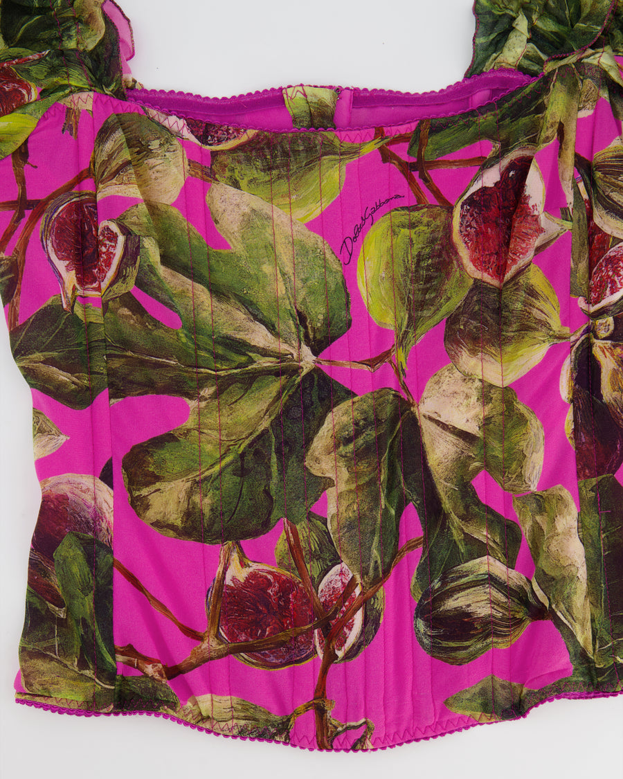 Dolce 
Gabbana Pink Fig Printed Silk Corset Top with Puffy Sleeves Size IT 42 (UK 10) RRP £1,050