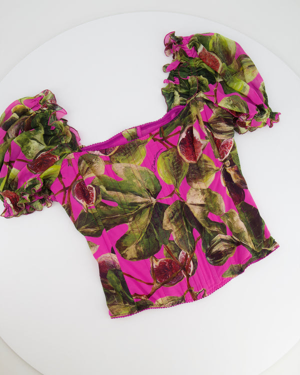 Dolce 
Gabbana Pink Fig Printed Silk Corset Top with Puffy Sleeves Size IT 42 (UK 10) RRP £1,050