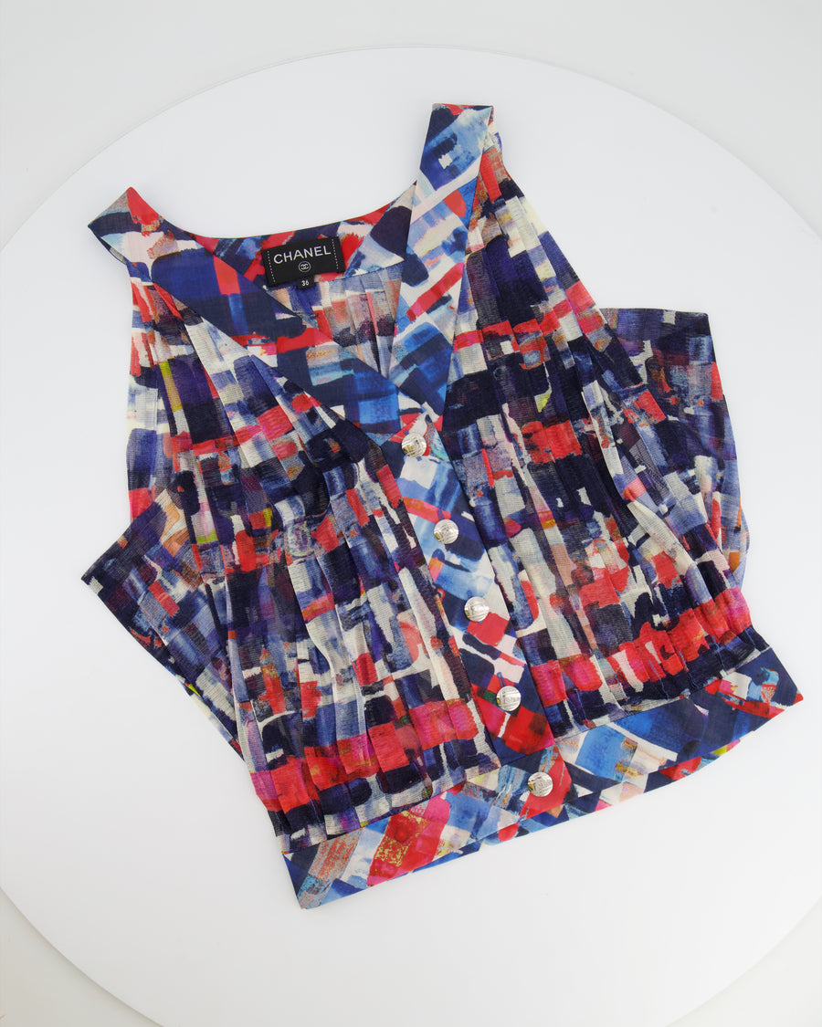 Chanel Multicolour Printed Silk Sleeveless Top with Silver CC Buttons Size FR 36 (UK 8)