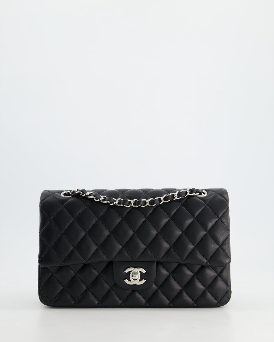 Chanel Classic Black Medium Lambskin Double Flap Bag with Silver Hardware